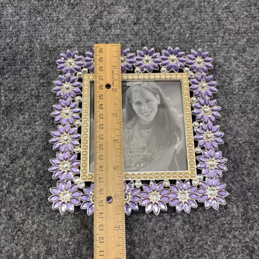 Purple Clear Flowers 4x4 Bejeweled Photo Frame Pearls Green Tree Gallery #180497